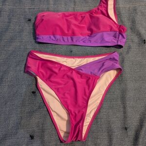 Vibrant Pink and Purple One-Shoulder Bikini